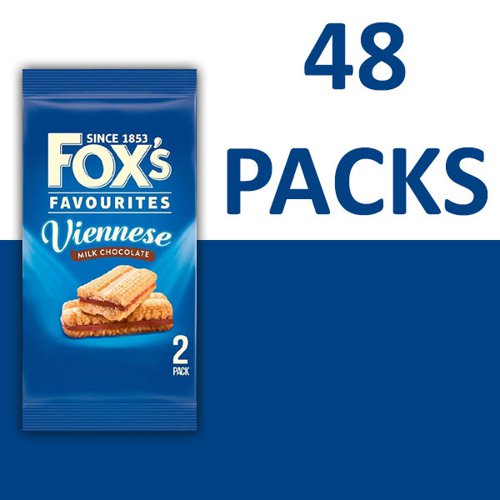 Fox's Viennese Chocolate Biscuits are delicious Viennese biscuits sandwiched together with milk chocolate. Ideal for hotels, conference and hospitality venues. Suitable for vegetarians. Each pack contains 2 biscuits. 48 packs supplied.