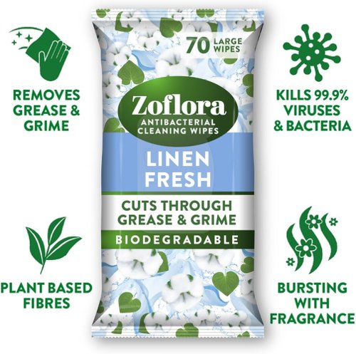 Zoflora Linen Fresh Biodegradable Wipes, Antibacterial Multi-Surface Cleaning Wipes, 70's - PACK (6)