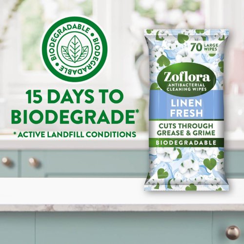 Zoflora Linen Fresh Biodegradable Wipes, Antibacterial Multi-Surface Cleaning Wipes, 70's - PACK (6)