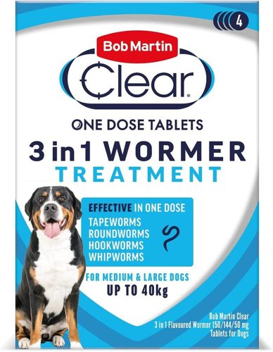 Bob Martin Clear 3-in-1 Wormer for Dogs (4 Tablets) - For Medium to Large Dogs - PACK (6)