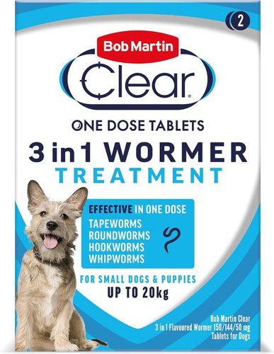 Bob Martin Clear 3-in-1 Wormer for Dogs (2 Tablets) - For Small Dogs and Puppies - PACK (6)