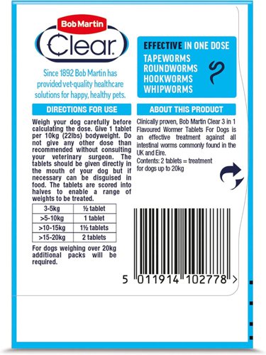 Bob Martin Clear 3-in-1 Wormer for Dogs (2 Tablets) - For Small Dogs and Puppies - PACK (6)