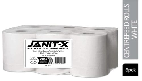 Janit-X Eco 2-Ply 100% Recycled Centrefeed Roll 150m White (Pack of 6) 