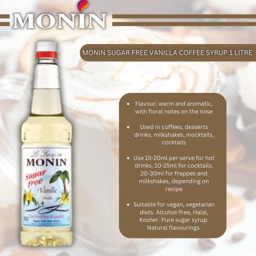 Monin Sugar Free Vanilla Coffee Syrup 1 Litre  - PACK (6)