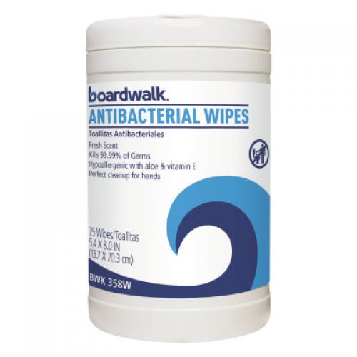BOARDWALK PAPER Antibacterial Wipes, 8 x 5 2/5, Fresh Scent, 75/Canister