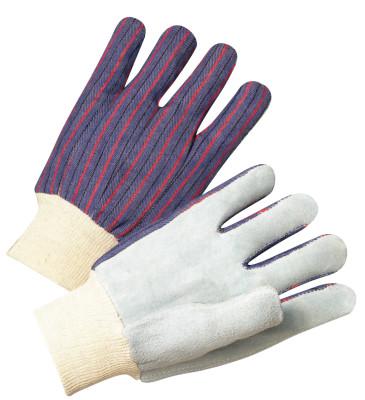 Leather Palm Knit Wrist Cotton Gloves, Men's, Cowhide, Pearl Gray, Striped Back