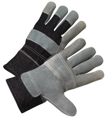 Leather Palm Denim Back Gloves, Large, Pearl Gray w/Stripes