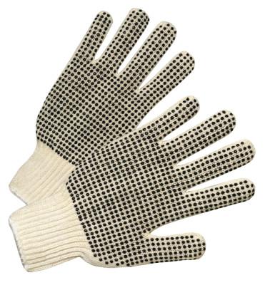 Medium Weight Seamless String-Knit Gloves w/Single-Sided PVC Dot Grips, Men's, Knit Wrist, Natural White/Black PVC Dots