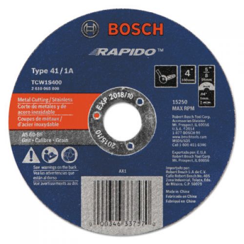 Thin Cutting/Rapido Type 1A (ISO 41) Wheels, 4", 5/8 in Arbor, AS60INOX-BF Grit