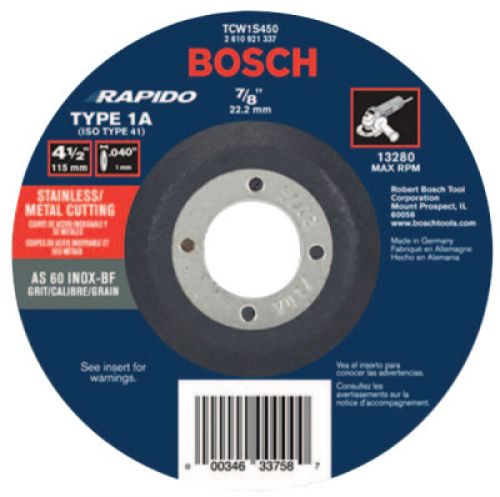 Thin Cutting/Rapido Type 1A (ISO 41) Wheel, 4 1/2", 7/8" Arbor, AS60INOX-BF Grit