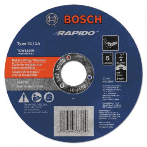 Thin Cutting/Rapido Type 1A (ISO 41) Wheels, 5", 7/8 in Arbor, AS60INOX-BF Grit