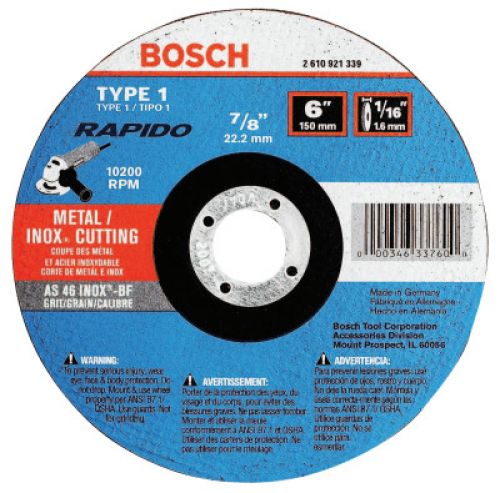 Thin Cutting/Rapido Type 1A (ISO 41) Wheels, 6 X 1/16, 7/8 in Arbor, AS60INOX-BF