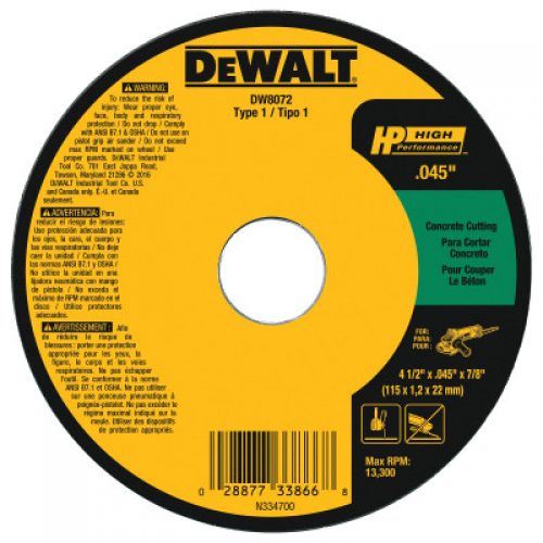 Type 1 HP Masonry Cutting Wheels, 4 1/2 in Dia., 0.45 in Thick, 7/8 in Arbor