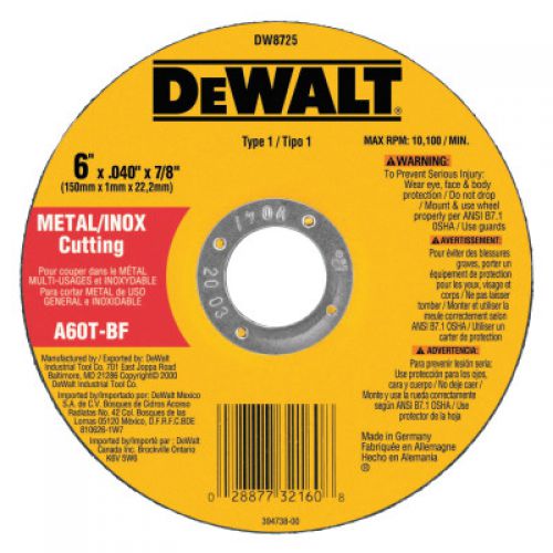 Type 1 Thin Metal Cutting Wheel, 6 in dia, 0.040 in Thick, 7/8 in Arbor, A60T Grit