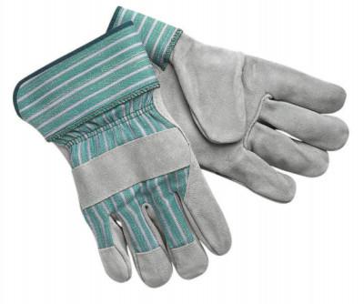 Select Shoulder Split Cow Gloves, L, C Select Cowhide, Grn Fabric w/Pnk Stripes