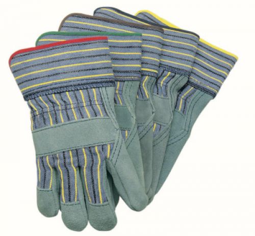 Select Split Cow Glove, Large, Leather, Blue Fabric w/Yellow Stripe, Knit Wrist