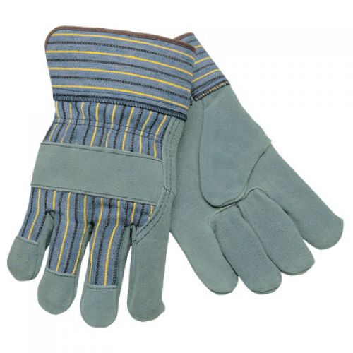 Select Split Cow Gloves, Large, Leather, Gray/Brown w/Blue/Yellow/Black Stripes