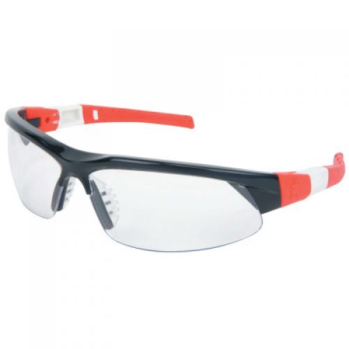 CREWS VL Safety Glasses, Clear Lens, Duramass Anti-Fog, Blue/Red/White Frame, Nylon