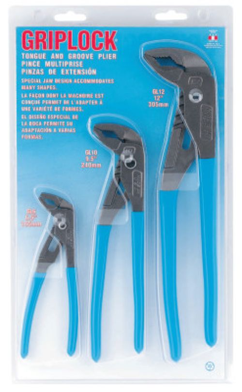 Griplock Tongue and Groove Plier Set, 6 in, 10 in and 12 in Lengths, Hex Jaw