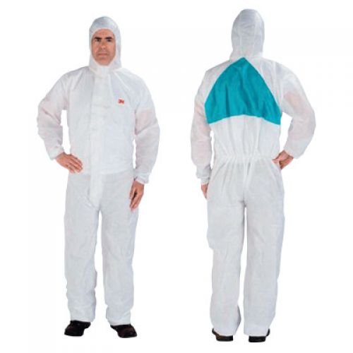 Disposable Protective Coverall 4520 Series, 3 Panel Hood, Elastic Waist & Ankle, Knitted Cuff, White w/Green Back Panel, 4XL
