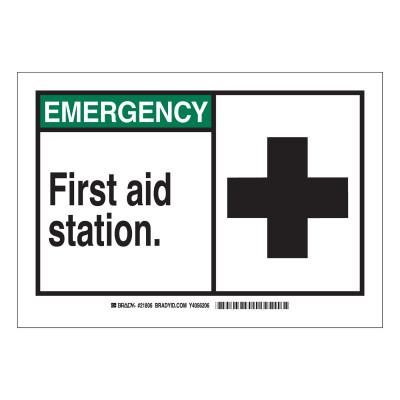 EMERGENCY First Aid Station Signs,  10w x 7h, Black/Green