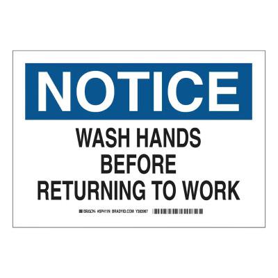 Notice Wash Hands Before Returning to Work Sign, 10 in H x 14 in W, Black/Blue on White