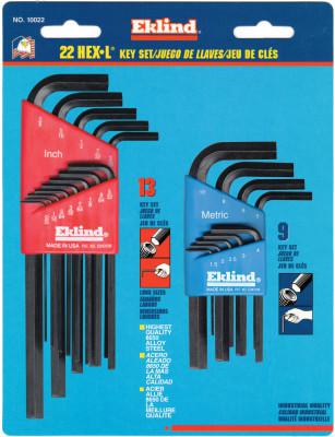 EKLIND TOOL Hex-L Key Set, 22 per card, Hex Tip, Inch/Metric, Short and Long Arms