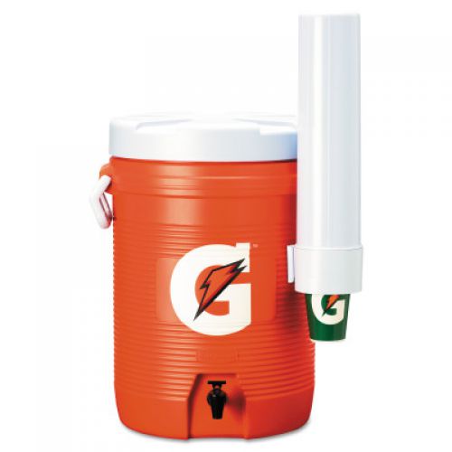 Beverage Cooler w/Cup Dispenser, 5 gal, Orange/White