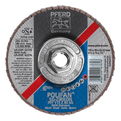 PFERD Type 27 POLIFAN SG Flap Discs, 4 1/2", 40 Grit, 5/8 Arbor, 13,300 rpm, Zirconia