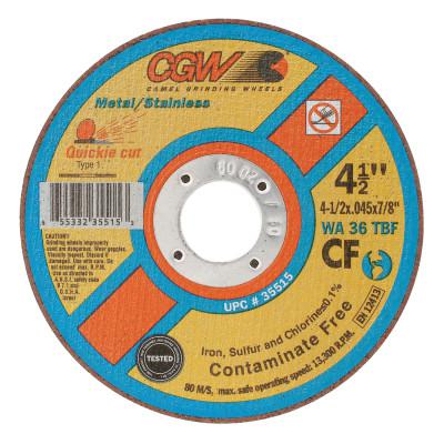 Quickie Cut Contaminate Free Cut-Off Wheel, 4-1/2 in Dia, 0.045 in Thick, 7/8 in Arbor, 36 Grit Alum. Oxide