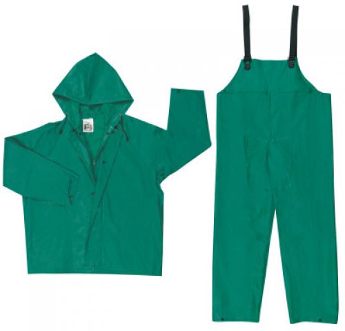Two-Piece Rain Suit, Jacket w/Hood, Bib Pants, 0.42 mm PVC/Poly, Green, 3X-Large