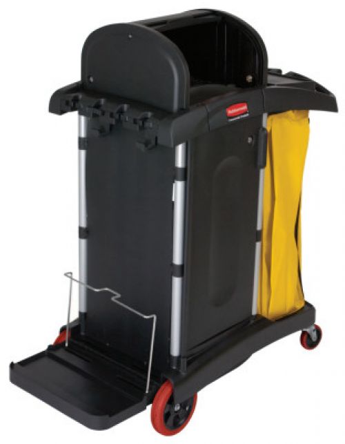 Microfiber Janitor Cart, 48-1/4 in L x 22 in W x 53-1/2 H, 2 Shelves, 34 gal Cap, Plastic, Black, 4 in dia Pneumatic Casters