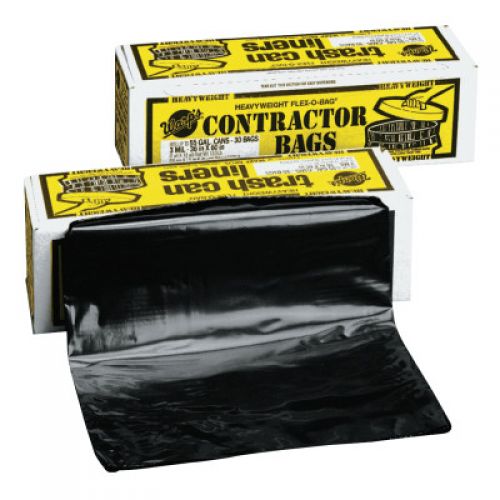 FLEX-O-BAG Trash Can Liners and Contractor Bags, 55 gal, 3 mil, 36 in X 56 in, Black, Extra HD Contractor Bag