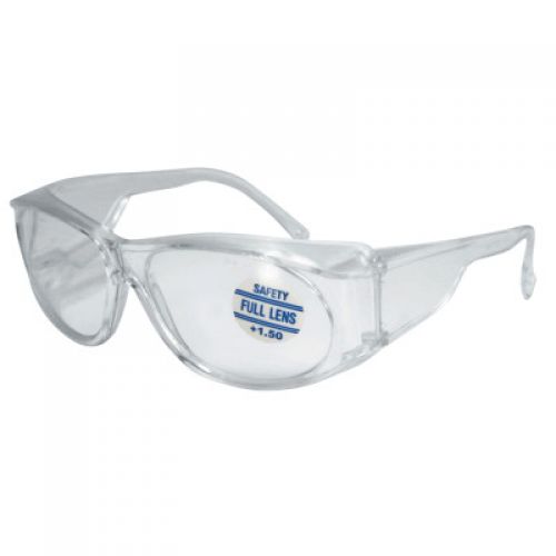 Full-Lens Magnifying Safety Glasses, 1.5 Diopter, Clear Polycarbonate Lens/Tint, Clear Frame
