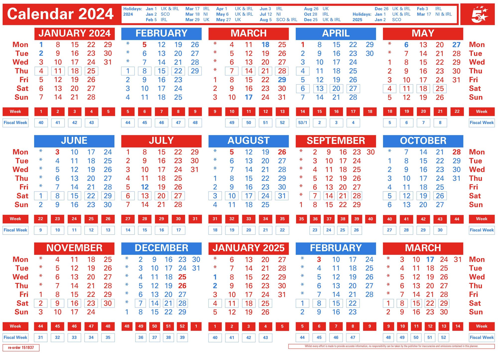 5 Star 2024 A4 Wall/Desk Calendar       
