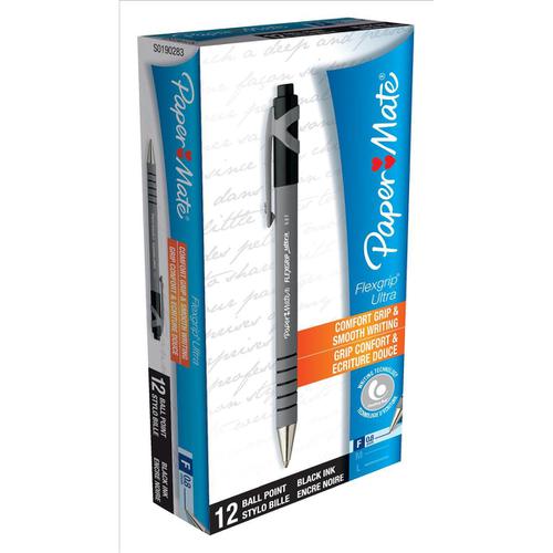 Paper Mate Flexgrip Retractable Ultra Ball Pen Fine 0.8mm Tip 0.4mm Line Black Ref S0190283 [Pack 12]