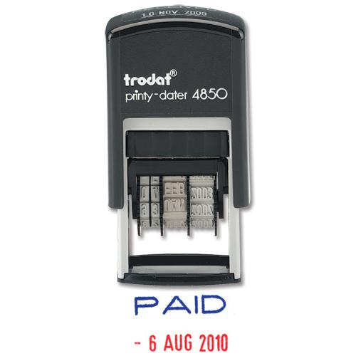 Trodat Printy 4850/L2 Dater Stamp Compact Wording Paid in Blue Date in Red Ref 76373 Trodat