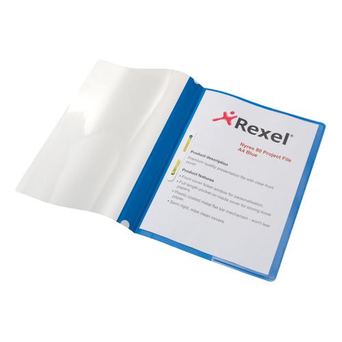 Rexel Nyrex Project Flat Bar File Semi-rigid Plastic Clear Front A4 Blue Ref 13045BU [Pack 5]