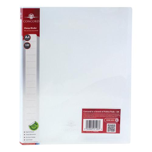 Concord Clamp Binder Polypropylene 75 micron 100 Sheet Capacity A4 Clear Ref 7103-PFL [Pack 10]