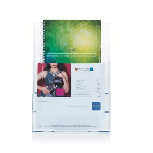 Literature Display Holder Multi Tier for Wall or Desktop 3 x A4 Pockets Clear 841102 Buy online at Office 5Star or contact us Tel 01594 810081 for assistance