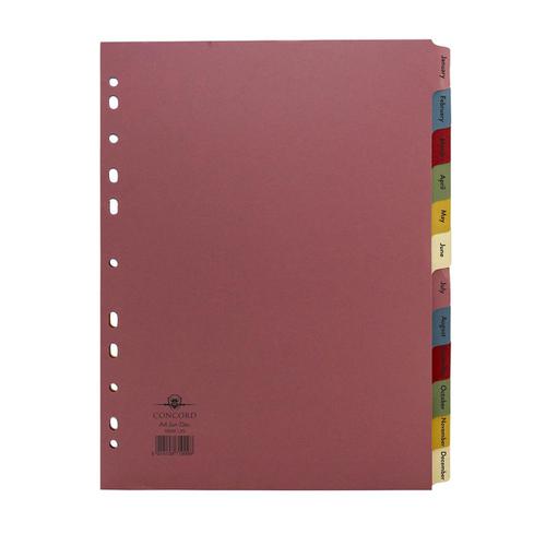 Concord Everyday Index Jan-Dec Recycled Card Multipunched 150gsm A4 Assorted Ref 71999/J19 020135 Buy online at Office 5Star or contact us Tel 01594 810081 for assistance