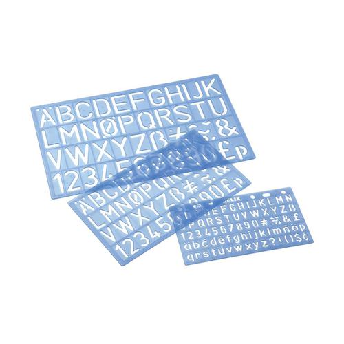 Stencil Pack of Three Templates Letters/Numbers/Symbols 10/20/30mm with PVC Sleeve Blue Tint