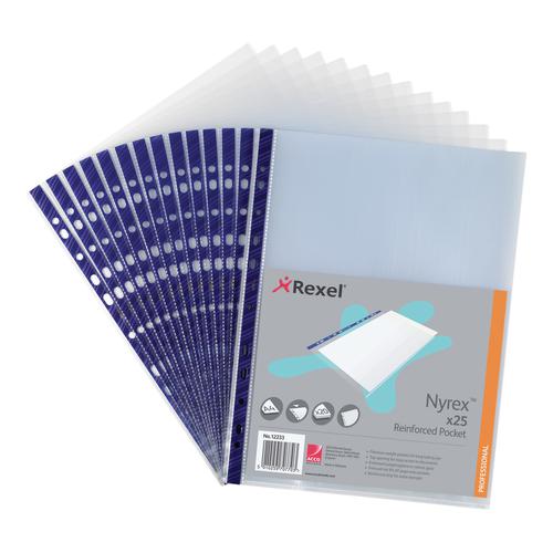 Rexel Nyrex Pocket Reinforced Blue Strip Top-opening 85 Micron A4 Clear Ref 12233 [Pack of 25]