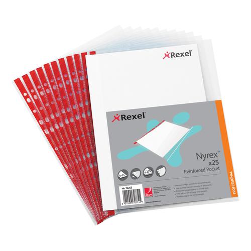 Rexel Nyrex Pocket Reinforced Red Strip Side-opening 85 Micron A4 Clear Ref 12253 [Pack of 25]