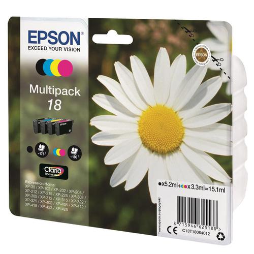 Epson 18 Inkjet Cartridges Daisy Black 5.3ml Cyan/Magenta/Yellow 3.3ml Ref C13T18064012 [Pack 4] 4071348 Buy online at Office 5Star or contact us Tel 01594 810081 for assistance