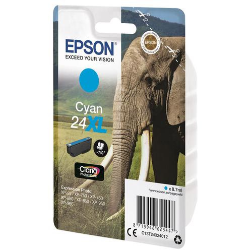 Epson 24XL Inkjet Cartridge Elephant High Yield Page Life 740pp 8.7ml Cyan Ref C13T24324012