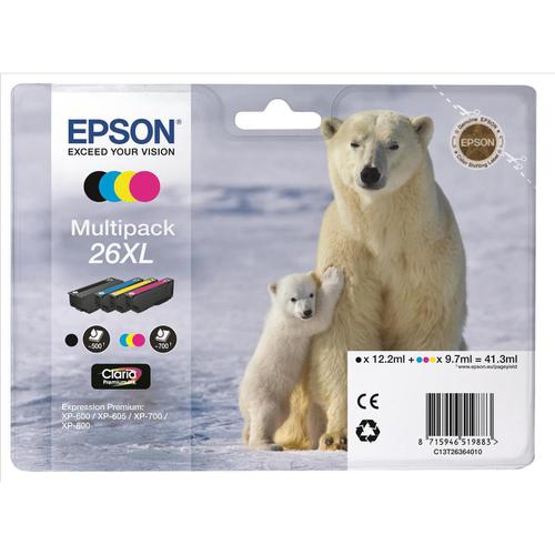 Epson 26XL Inkjet Cartridge Polar Bear HY Black/Cyan/Magenta/Yellow 41.3ml Ref C13T26364010 [Pack 4]