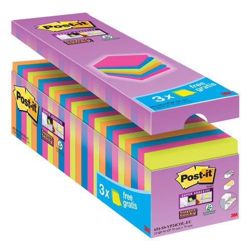 Post-it Super Sticky Notes Value Pack Pad 90 Sheets 76x76mm Assorted Ref 654-SS-VP24COL-EU [Pack 24] 112624 Buy online at Office 5Star or contact us Tel 01594 810081 for assistance