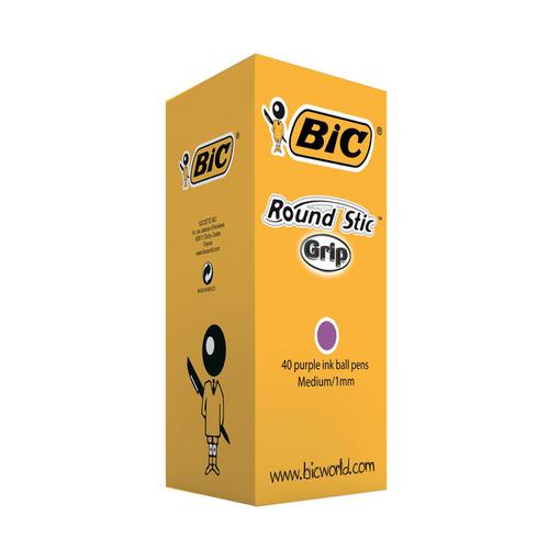 Bic Round Stic Grip Pen 1.0mm Tip 0.32mm Line Purple Ref 920412 [Pack 40]