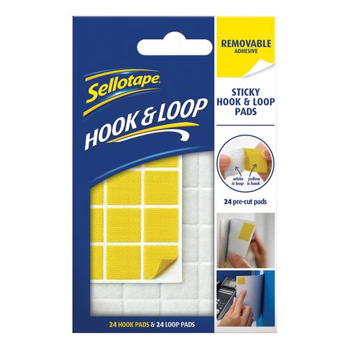 Sellotape Removable Hook & Loop Sticky Pads Self-adhesv Supplied on Sheets 20x20mm Ref 2055468 [Pack 24] 